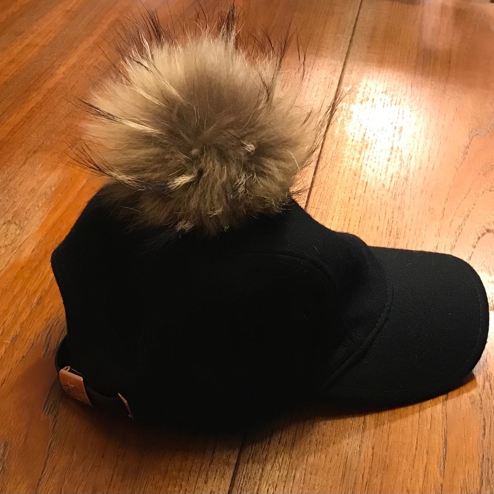 Kit and Ace Black Wool Cap with Real Asiatic Raccoon Fur Pom